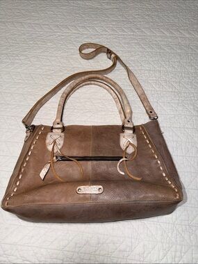 Bed Stu Rockaway Two-Tone Brown and Gray Leather Shoulder Bag with Top Handles